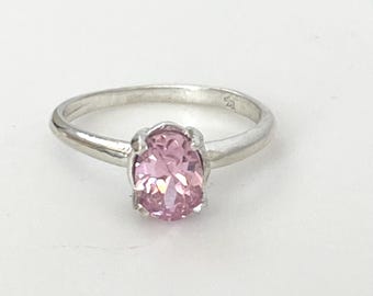 Argentium Sterling Silver Ring: Pink CZ, Size 4.75