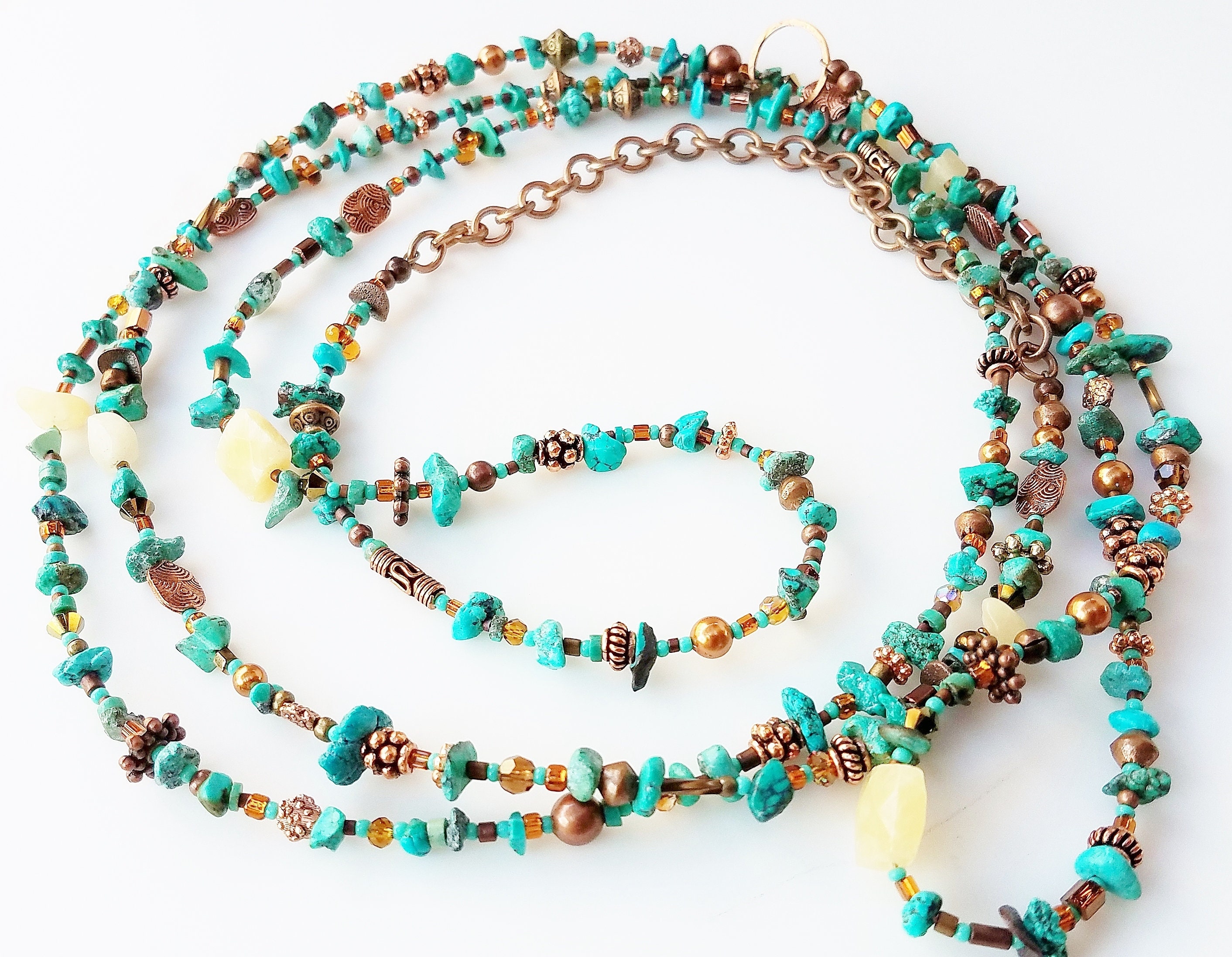 Turquoise Colcite Turquoise, Calcite and Metallic Bead Wrappable Necklace - 61
