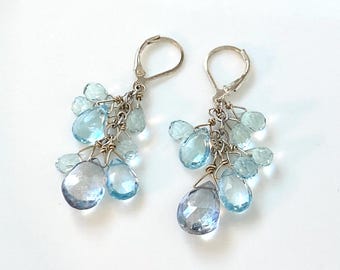 Quartz Briolette Dangle Earrings: Argentium Sterling Silver, Light Blue