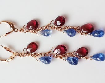 Kyanite and rhodolite garnet 14kt rose gold-filled long dangle earrings - September birthstone, January birthstone