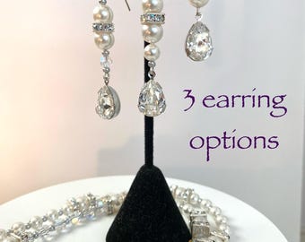 White crystal pearl and silver earrings - wedding, bridal