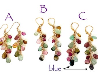 Watermelon Tourmaline cascade dangle 14kt yellow gold-filled earrings