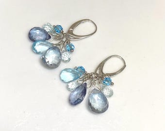 Blue cluster gemstone and crystal sterling silver earrings - made-to-order