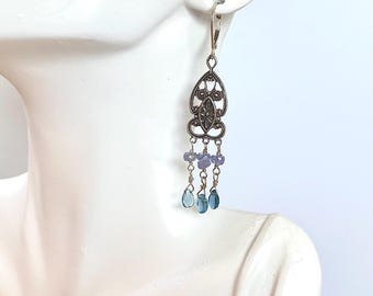 Tanzanite and London blue topaz pewter chandelier earrings