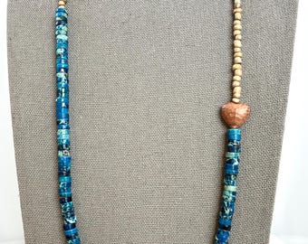 Blue jasper and seed bead 30 inch necklace