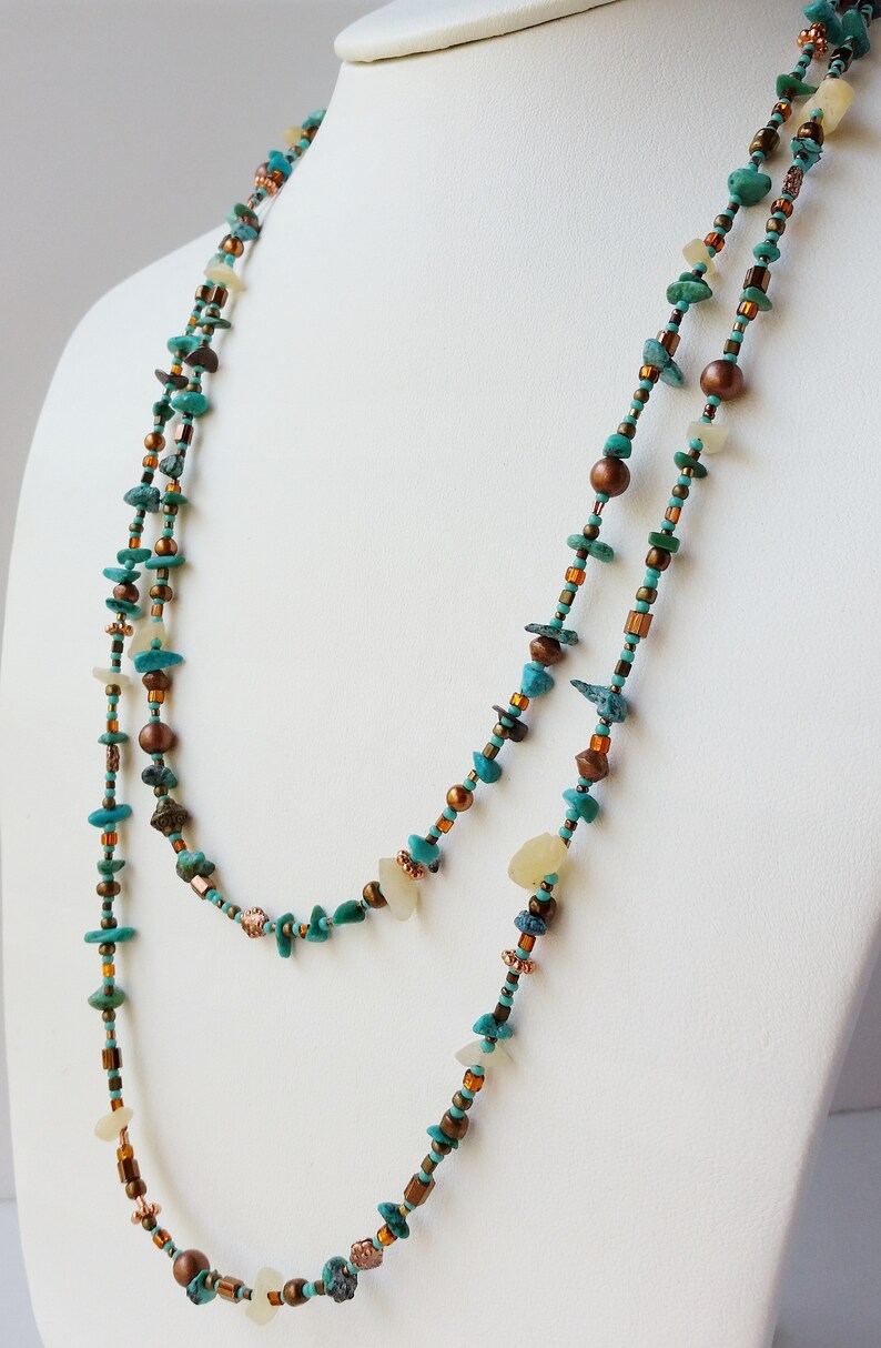 Turquoise Colcite Turquoise, Calcite and Metallic Bead Wrappable Necklace - 61