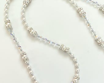 White crystal pearl and silver necklace - wedding, bridal, graduation - made to order