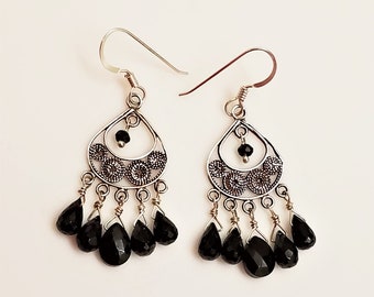 Black spinel, sterling silver and argentium sterling chandelier earrings