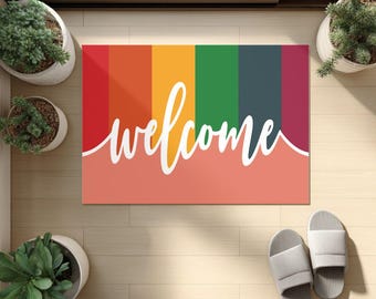 Felpudo de bienvenida con rayas arcoíris / Felpudo colorido para interiores y exteriores