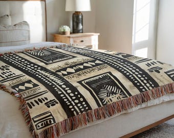 Ethnic Tribal Stripes Woven Blanket | African Mudcloth Inspired Throw, Afro Boho Decor, Afrocentric Blankets