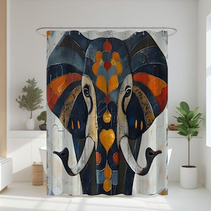Cortina de ducha con diseño abstracto de elefante, decoración de baño de arte africano, cortina de baño estilo mosaico estilo safari bohemio.