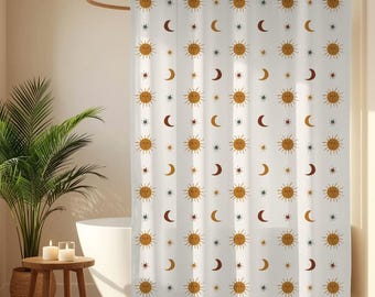 Celestial Sun Moon Shower Curtain, Mystical Boho Bathroom Decor, Spiritual Home, Zodiac Bath Curtains