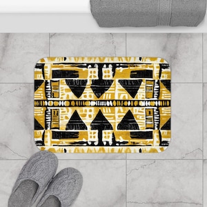 Yellow And Black Mudcloth Bath Mats| African Boho Style| Melanin Art Bathroom