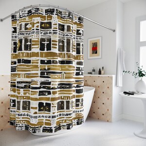 Bogolan Print Shower Curtain| Black & Gold African Shower Curtain| Mud Cloth Curtains| African Curtains| African Mudcloth Shower Curtain