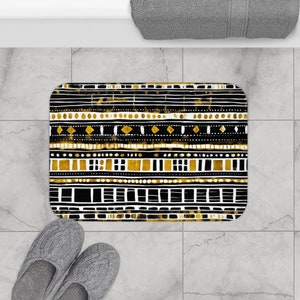 Gold & Black Mud Cloth Print Bath Mat| African Mat| Melanin Art Bathroom