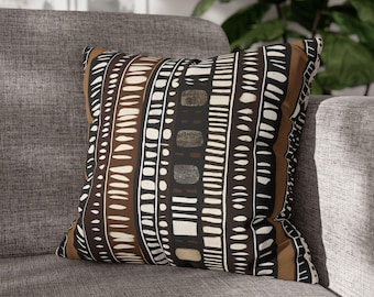 Bogolan Mudcloth Pillowcase, Ethnic African Home Decor, Tribal Square Cushion Cover, Boho Throw Pillow