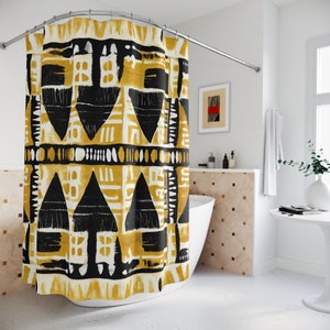 Yellow And Black Mudcloth Shower Curtains| African Mudcloth Shower Curtain| Modern Tribal Bogolan print curtain| Afrocentric bathroom decor