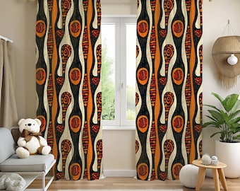 African Mudcloth Print Curtains, Tribal Blackout Drapes, Afro Boho Living Room Panels, Afrocentric Decor