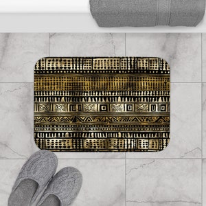 Metallic Gold Mud Cloth Print Bath Mats| African Bath Decor| Melanin Art Bathroom| Gold Bath Mats