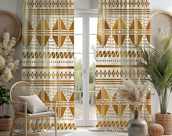 African Mudcloth Curtains| White And Gold Window Curtain| Ethnic-inspired blackout drapes