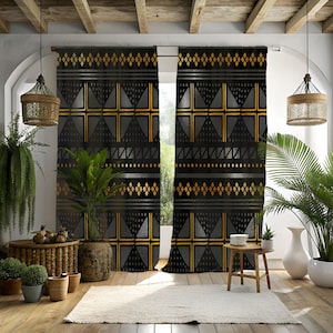 African Mudcloth Curtains| Black And Gold Window Curtain| Black & Gold Window Panels| Curtain Panels
