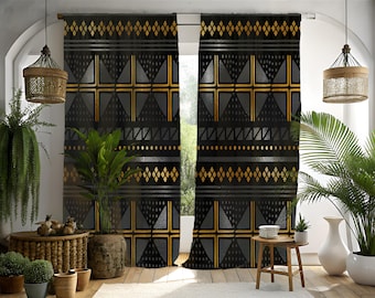 African Mudcloth Curtains | Black & Gold Bogolan Print Panels