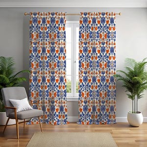 Floral Toile Window Panels| Blue Toile Print Curtains| African Inspired Toile Curtains| Custom Floral Print| Toile De Jouy Panels| Afro Boho