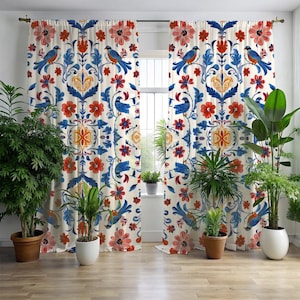 Toile Window Curtains| Floral Window Panels| Bird Curtain| Red White Blue Curtains| Custom Toile Drapes| Bohemian Chinoiserie Curtains