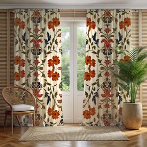 Toile De Jouy Floral Window Panels| Cream Toile Print Curtains| African Inspired Toile Curtains| Custom Floral Print| Afro Boho Curtains