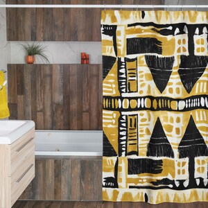 Yellow And Black Mudcloth Shower Curtains| African Mudcloth Shower Curtain| Modern Tribal Bogolan print curtain| Afrocentric bathroom decor