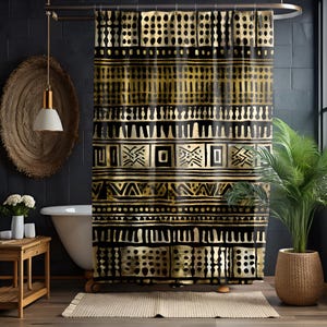 Metallic Gold Mud Cloth Print Shower Curtains| African Mudcloth Shower Curtain| Bogolan tribal print curtain| Afrocentric bathroom decor