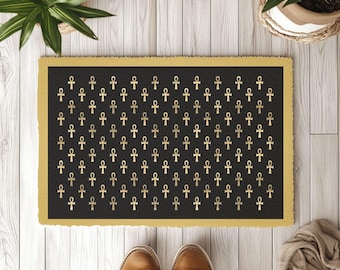 Black & Gold Ankh Pattern Polyester Doormat | Egyptian Symbol Welcome Mat