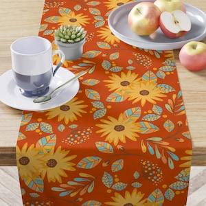 Sunflower Table Runner, Orange Runner, Floral Pastels, Kitchen Linens, Farmhouse Style, Boho Home Decor
