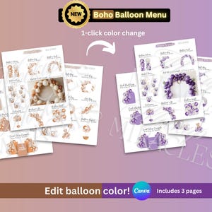 Boho Ballon-Menü-Vorlage: Farbbearbeitbares Canva-Design (Digitaler Download)