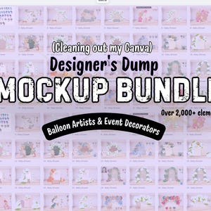 Pode incluir: Um fundo roxo claro exibe uma coleção de designs de maquetes para chás de bebê e eventos. O texto diz "Designer's Dump MOCKUP BUNDLE" com o slogan "Balloon Artists & Event Decorators" e "Mais de 2.000+ elementos."