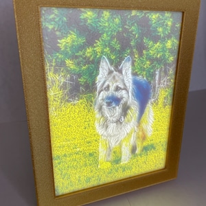 May include: A framed photograph of a German Shepherd dog standing in a field of grass. The dog is looking at the camera with a gentle expression. The frame is gold and has a textured surface.