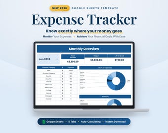 May include: A laptop screen displaying a 2026 Google Sheets expense tracker template. The interface features a monthly overview, expense categories, a pie chart of expenses, and a summary section. Text includes New 2026 Google Sheets Template.