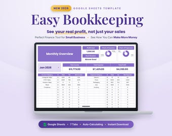 May include: A digital Google Sheets bookkeeping template displayed on a laptop screen. The interface features a monthly overview, profit goals, income and expense charts, and detailed financial tables for January 2026 with purple and white accents.