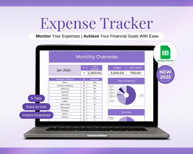 Monthly Expense Tracker Spreadsheet, Personal Finance Planner, Spending
