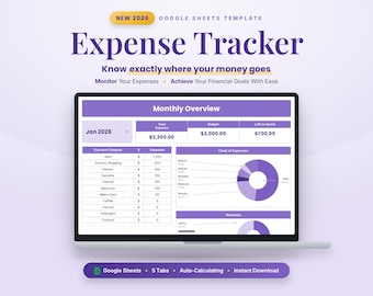 May include: A digital Google Sheets expense tracker template displayed on a laptop screen. The interface features a monthly overview, expense categories, a pie chart of expenses, and a summary section with purple and white color schemes.