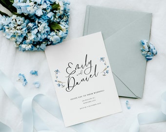 Blue Flowers Wedding Invitation Template, Floral wedding invite, Editable, INSTANT Download, Printable Light Blue wedding invites, Printable