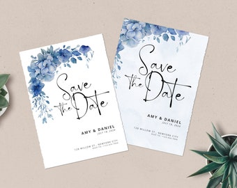 Save the Date-Einladungsvorlage mit Aquarell-blauen Blumen, florale Hochzeitseinladungskarte, SOFORT-Download, druckbare blaue Hochzeitseinladungen