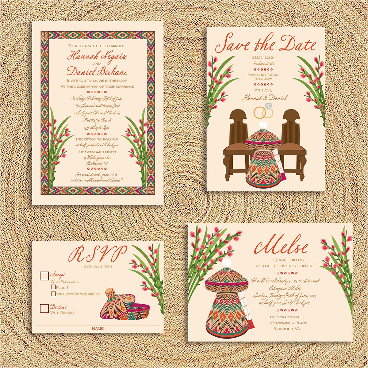 Mesob and Zembaba Wedding Invitation Suite, Ethiopian, Eritrean, Habesha, Amharic, Tigrinya