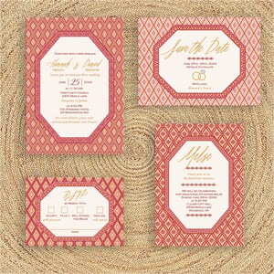 Geo Pattern Mix Wedding Invitation Suite, Red & Gold, Ethiopian, Eritrean, Habesha, Amharic, Tigrinya