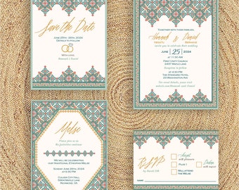 Meskel Pattern with Floral Border Wedding Invitation Suite, Green & Terracotta, Ethiopian, Eritrean, Habesha, Amharic, Tigrinya