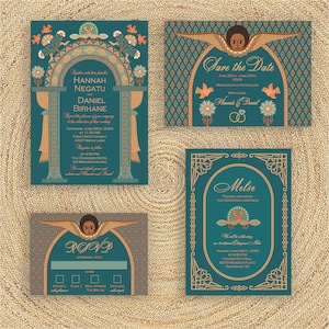 Lovebirds in Paradise Wedding Invitation Suite, Emerald, Ethiopian, Eritrean, Habesha, Amharic, Tigrinya