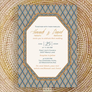 Geo Pattern Mix Wedding Invitation, Navy & Gold, Ethiopian, Eritrean, Habesha, Amharic, Tigrinya