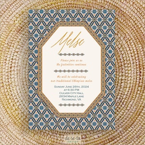 Geo Pattern Mix Melse Invitation, Navy & Gold, Ethiopian, Eritrean, Habesha, Amharic, Tigrinya Wedding