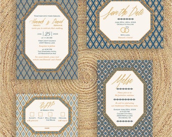 Geo Pattern Mix Wedding Invitation Suite, Navy & Gold, Ethiopian, Eritrean, Habesha, Amharic, Tigrinya