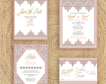 Meskel Pattern with Floral Border Wedding Invitation Suite, Pink & Champagne, Ethiopian, Eritrean, Habesha, Amharic, Tigrinya